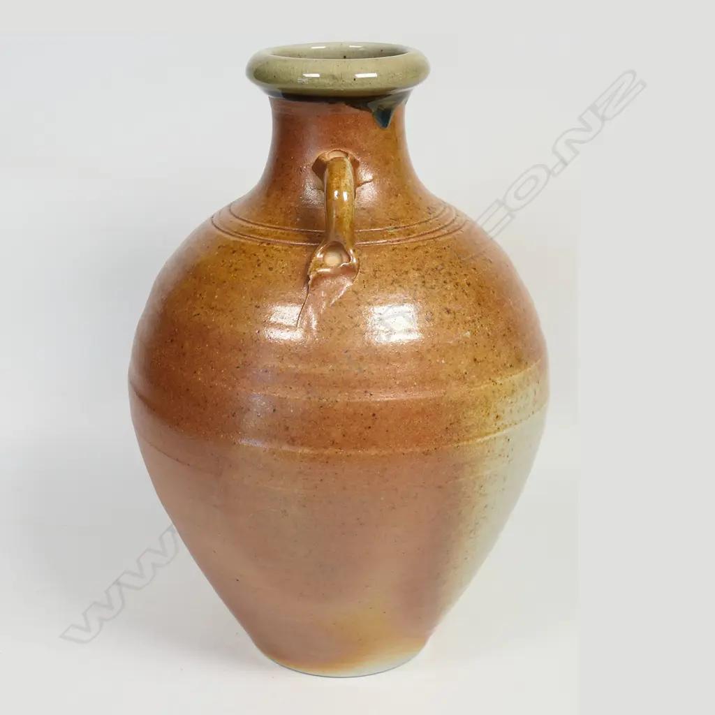 Two handled wood fired vessel by unknown potter. H.245mm. Vendor's note: 'Purchased at one of the last Fletcher Brownbilt exhibitions at the Auckland War Memorial Museum.' Image 1++