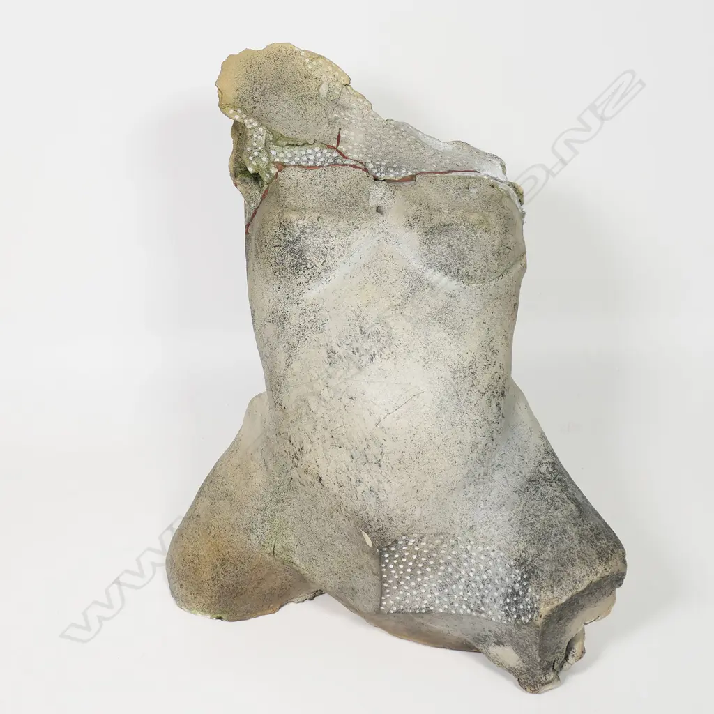 Sculptor unknown modern hand sculpted torso with kintsugi repair in red to top and white dot highlights. H.390mm Image 1++