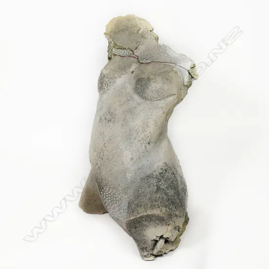 Sculptor unknown modern hand sculpted torso with kintsugi repair in red to top and white dot highlights. H.390mm