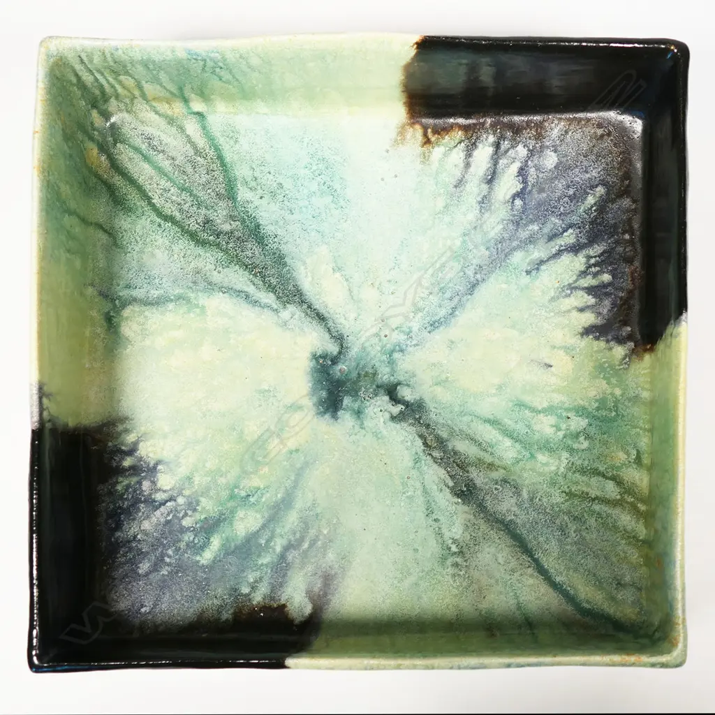 Jeff Mincham (Australia) slab sided bowl. The colour of the glazes are intended to reflect the 'patterns and colours of the Australian landscape'. Signed and dated '05 to base. H.120 x 290 x 290mm Image 1++