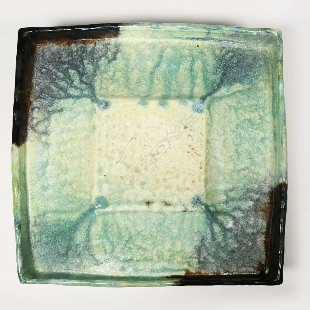 Jeff Mincham (Australia) slab sided bowl. The colour of the glazes are intended to reflect the 'patterns and colours of the Australian landscape'. Signed and dated '05 to base. H.120 x 290 x 290mm Image 1++