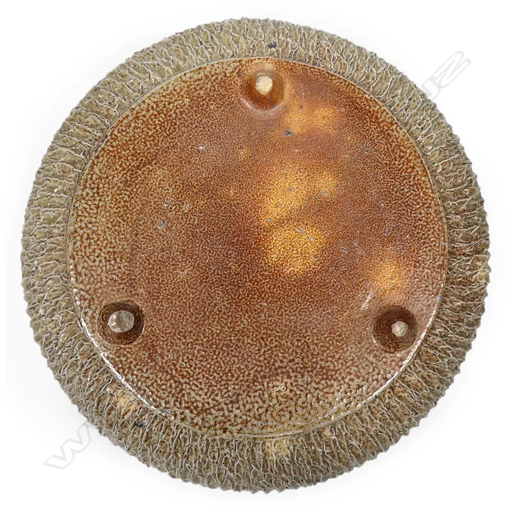 Crum brickworks salt glazed footed bowl with heavily textured sides sitting on three feet (small loss to 1 foot ) Dia.240mm, H.90mm Image 1++