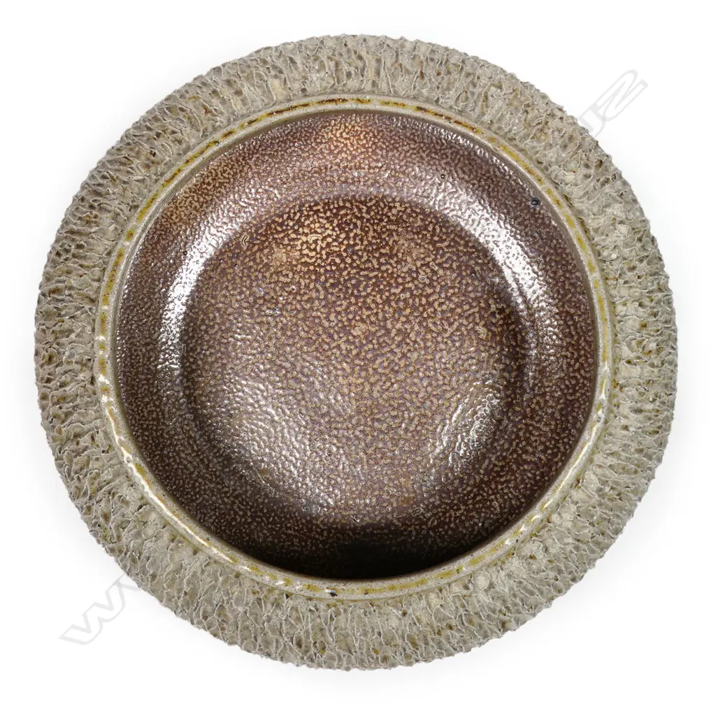 Crum brickworks salt glazed footed bowl with heavily textured sides sitting on three feet (small loss to 1 foot ) Dia.240mm, H.90mm Image 1++