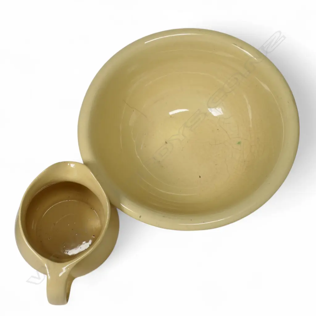 Large Ambrico (early Crown Lynn) pale tan glazed mixing bowl dia.250mm pre-1948 stamp and a Crown Lynn jug, Image 1++