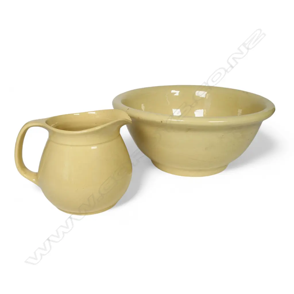 Large Ambrico (early Crown Lynn) pale tan glazed mixing bowl dia.250mm pre-1948 stamp and a Crown Lynn jug, Image 1++