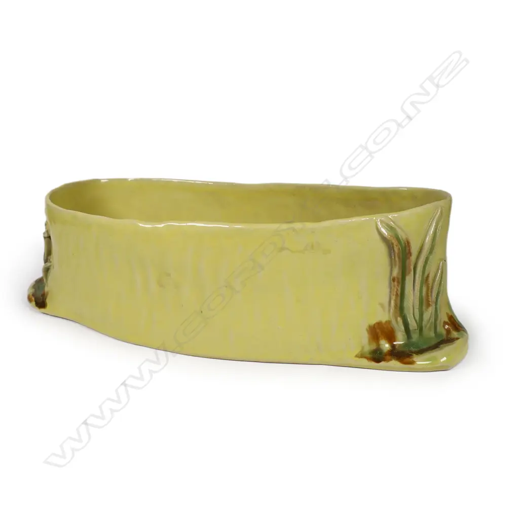 Mollé Goodsell large trough vase sculpted and glazed reeds to the ends. Incised signature. L.320mm Image 1++