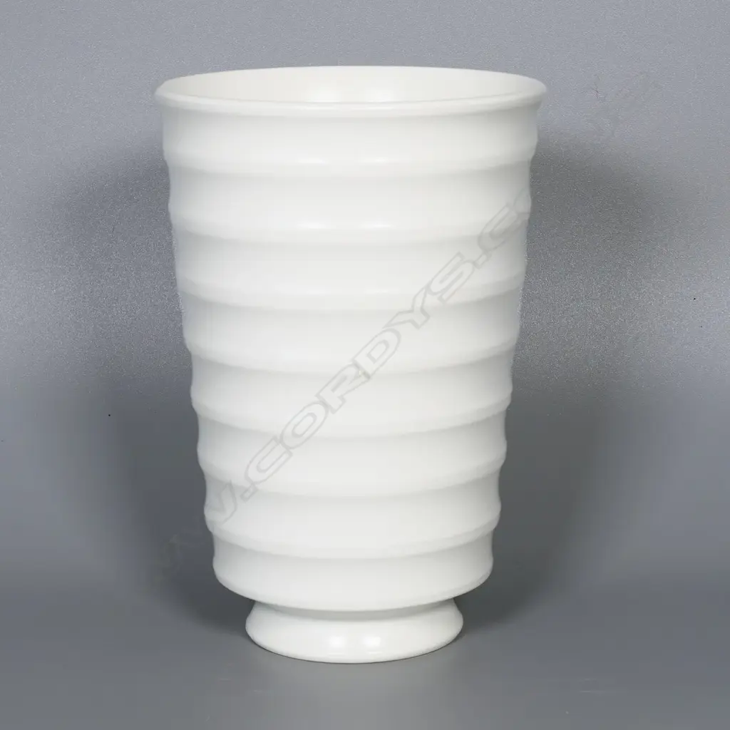 Keith Murray for Wedgwood vase. Moonstone glaze with lathe turned bands. Printed circular mark to base. H.180mm Image 1++