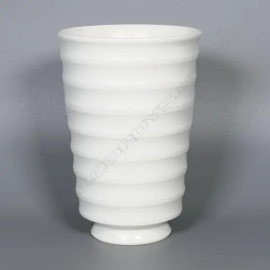 Keith Murray for Wedgwood vase. Moonstone glaze with lathe turned bands. Printed circular mark to base. H.180mm