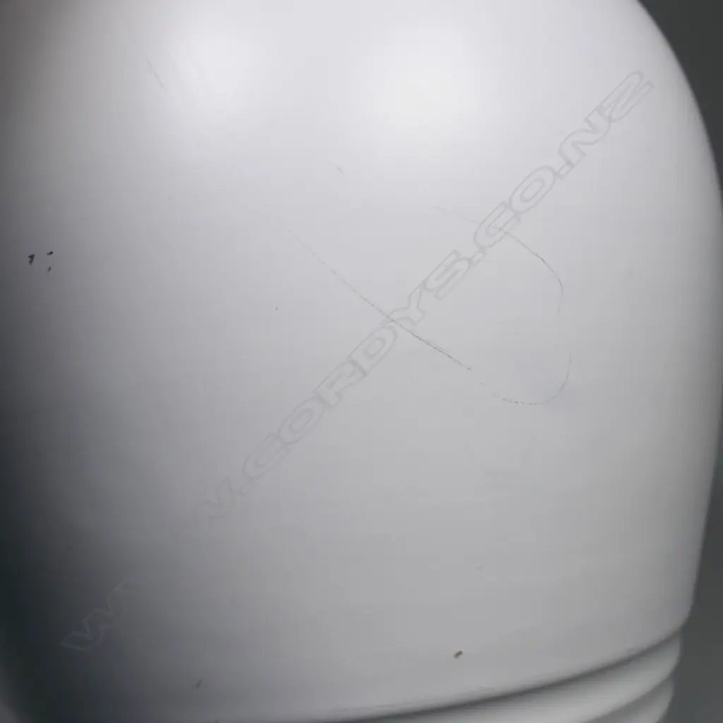 Crown Lynn Shufflebotham hand potted white vase. Baluster shape with lathed cut bands top and bottom. Stamped Hand Crafted by Crown Lynn and incised #57 to base. H.250mm Image 1++