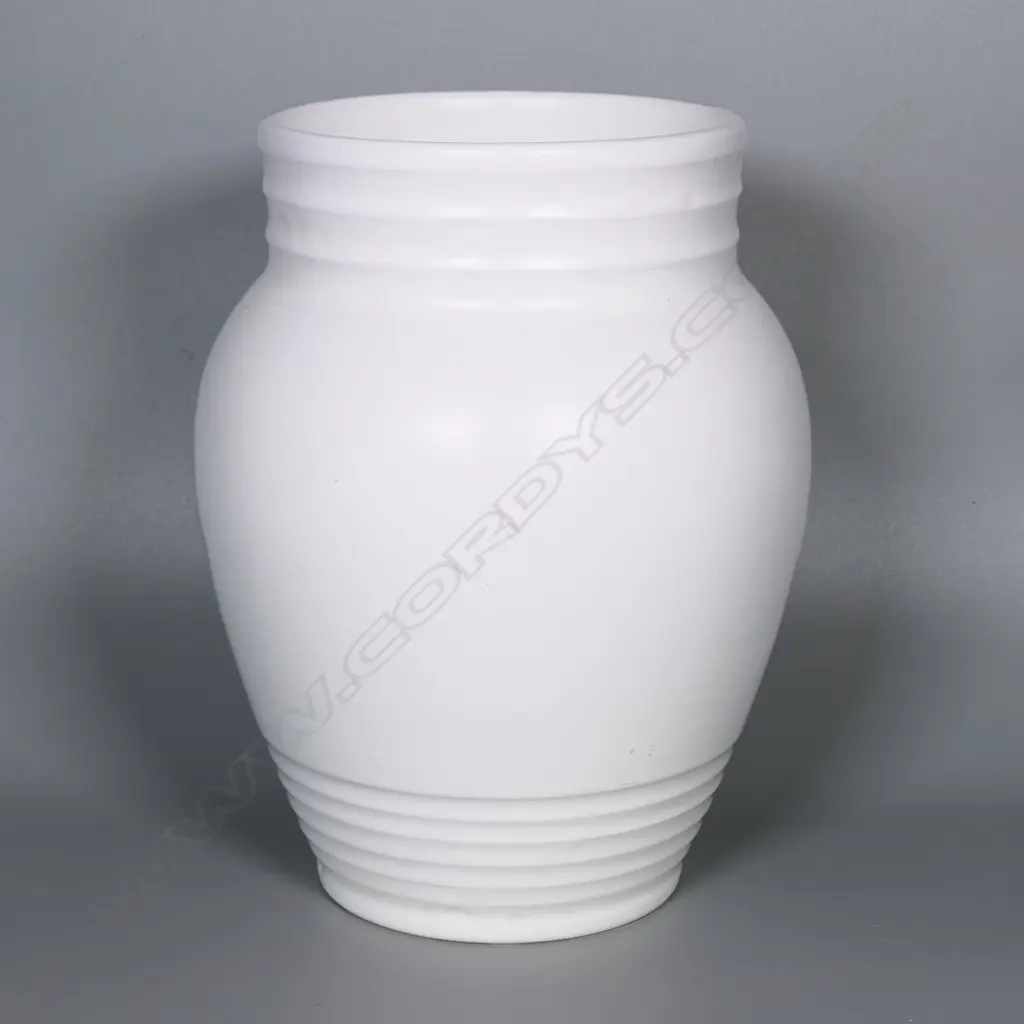 Crown Lynn Shufflebotham hand potted white vase. Baluster shape with lathed cut bands top and bottom. Stamped Hand Crafted by Crown Lynn and incised #57 to base. H.250mm Image 1++