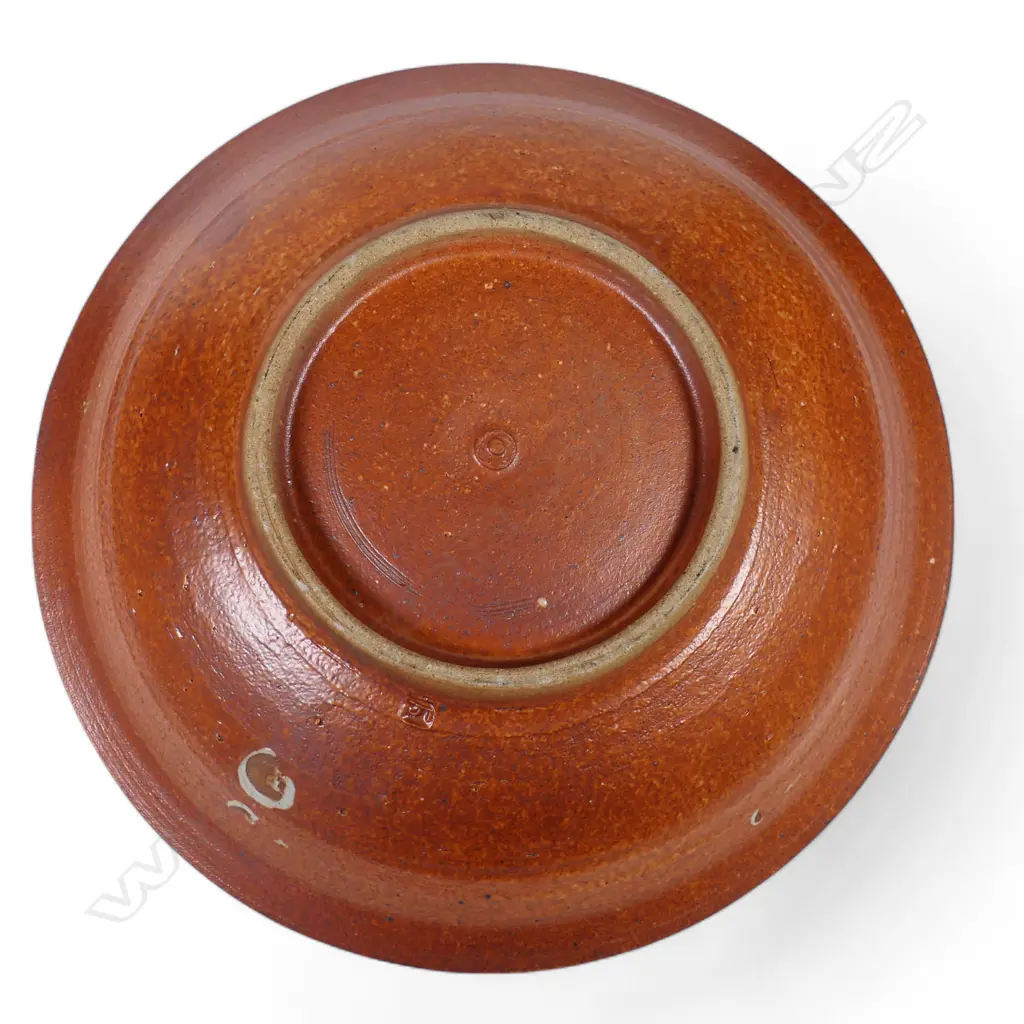 Len Castle shino glazed shallow bowl with repeating pattern below the rim, Image 1++