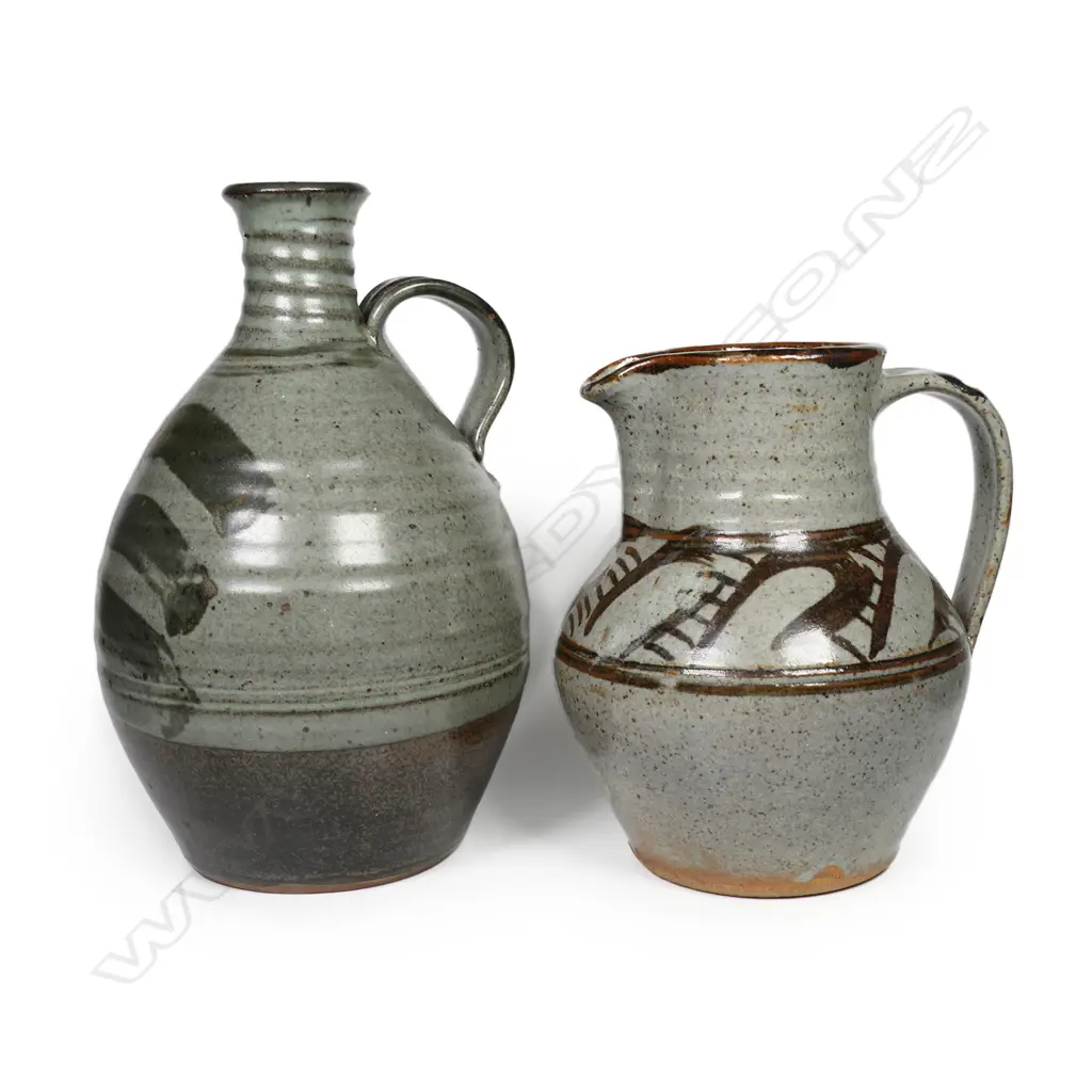 Peter Stichbury Pottery wine bottle and jug brushed iron glaze decoration on grey ground. H.250mm & 185mm. c.1970's. Image 1++