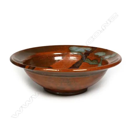 David Huffman tenmoko glazed bowl with flattened rim and ash grey highlights. H.270 x 90mm. Initialled to base