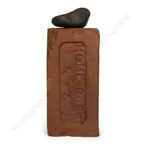 Peter Lange pottery vessel in the form of a brick with stone-look lid finial,