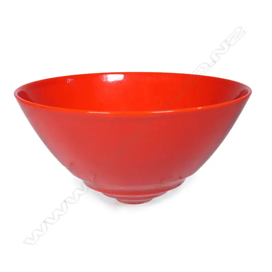 John Parker red glazed grooved conical bowl. Dia.233mm.