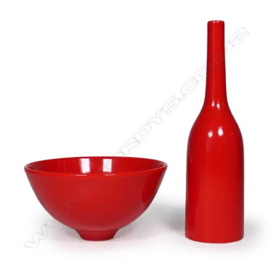 John Parker two red glaze pieces 'Bottle Vase and Bowl'