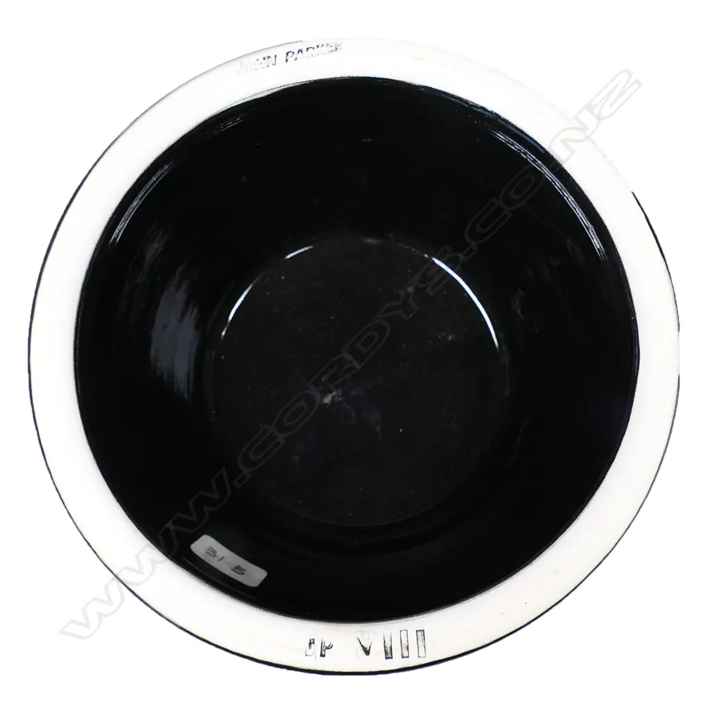 John Parker ribbed white porcelain bowl on a tiered black porcelain stand. Dia.270mm H.200mm with stand. Artist's name and VIII stamped to base Image 1++