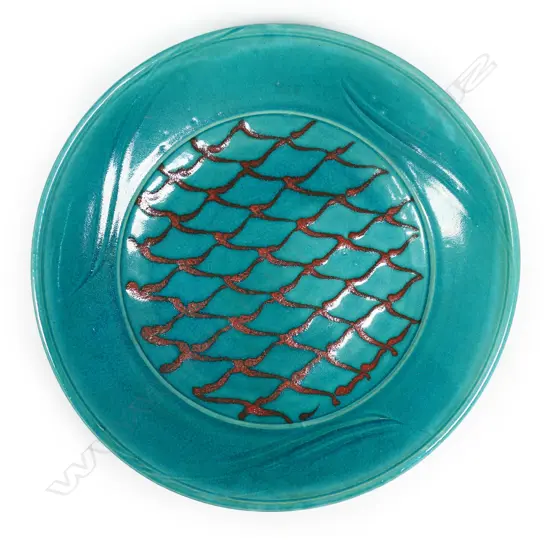 Merilyn Wiseman large oval dish teal glazed with central lattice detail,