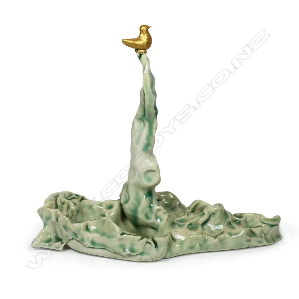 Keum Sun Lee porcelain sculpture with golden bird, Image 1++