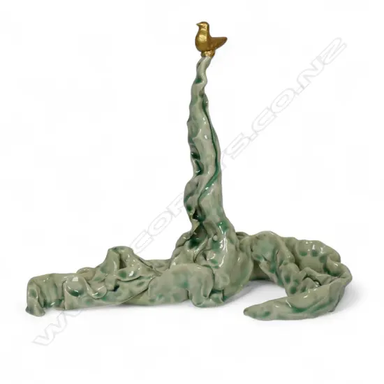 Keum Sun Lee porcelain sculpture with golden bird,