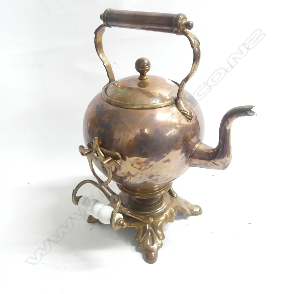 A copper spirit kettle on stand with milk glass handles, a copper bain marie pot with ceramic liner and a copper and brass lampstand (incomplete) Image 1++