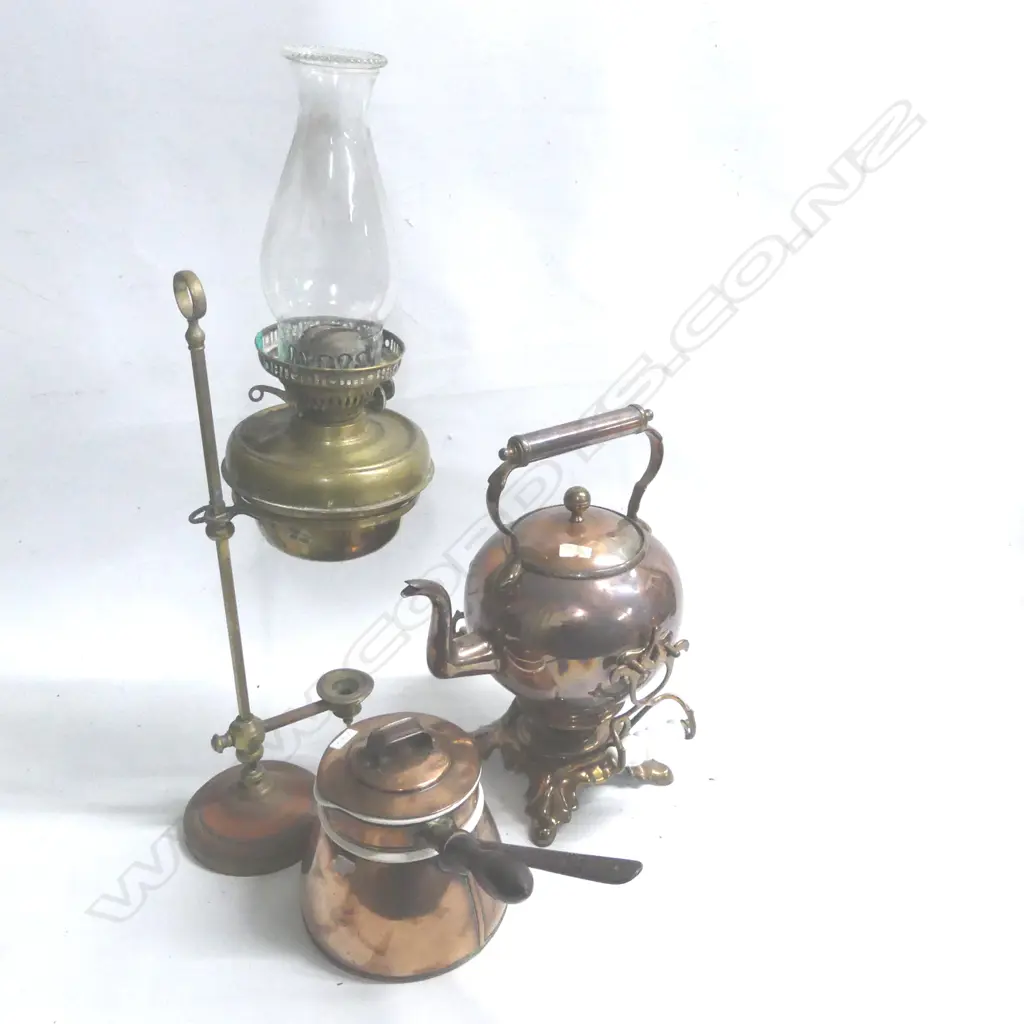 A copper spirit kettle on stand with milk glass handles, a copper bain marie pot with ceramic liner and a copper and brass lampstand (incomplete) Image 1++