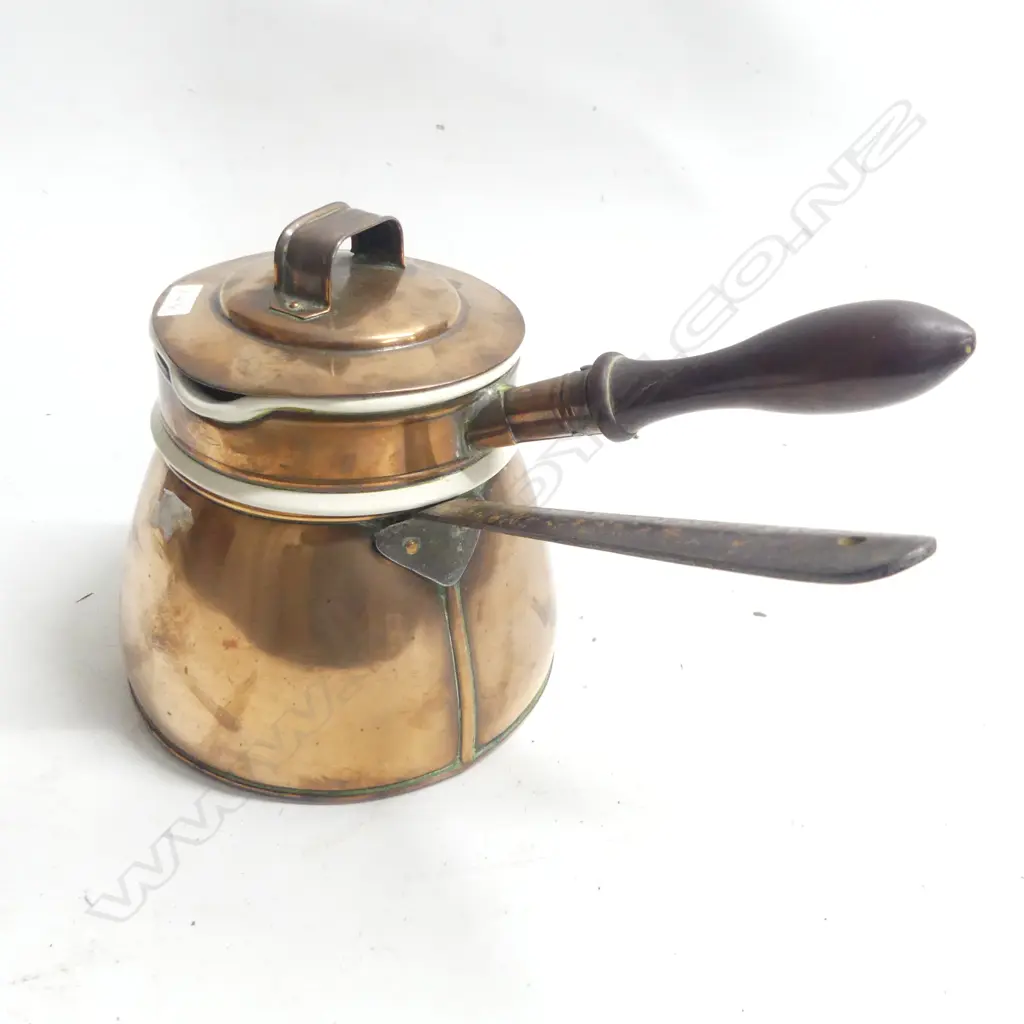 A copper spirit kettle on stand with milk glass handles, a copper bain marie pot with ceramic liner and a copper and brass lampstand (incomplete) Image 1++