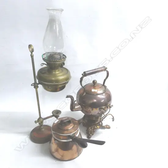 A copper spirit kettle on stand with milk glass handles, a copper bain marie pot with ceramic liner and a copper and brass lampstand (incomplete)