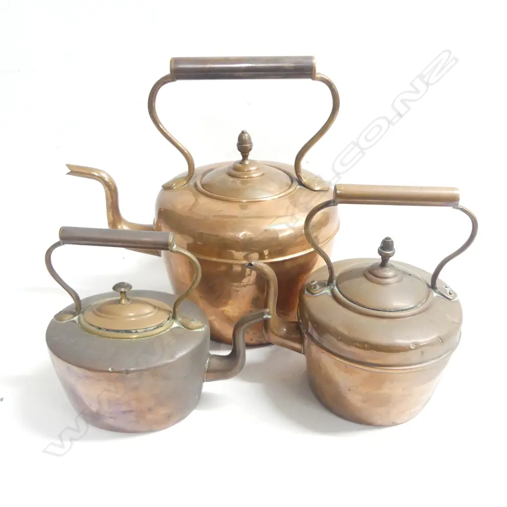 Three Victorian copper kettles, the largest by Morris Cohn & Co.; the other round and the third a slightly smaller oval shaped kettle. Image 1++