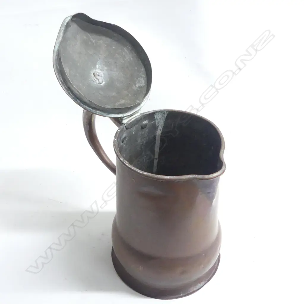 A large Victorian copper lidded country jug of plain design with baluster base. H.320mm, handle distressed. Image 1++