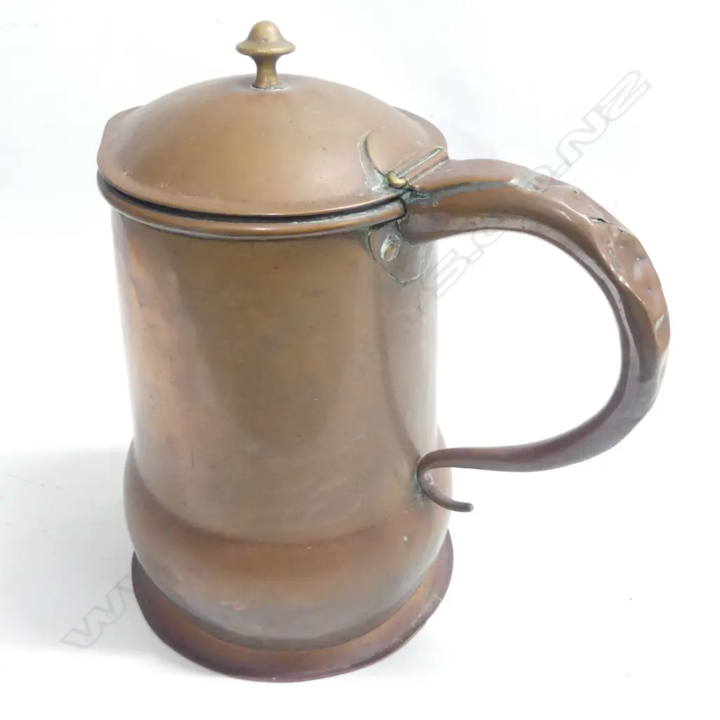 A large Victorian copper lidded country jug of plain design with baluster base. H.320mm, handle distressed. Image 1++