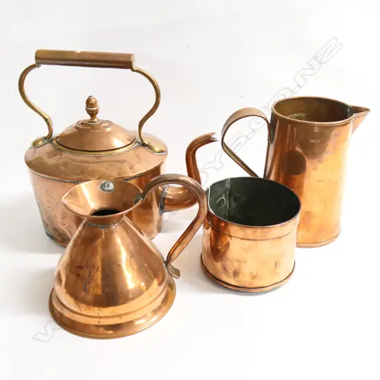 An Old Victorian copper kettle; a quart measure; a cylindrical pot and a tall jug.