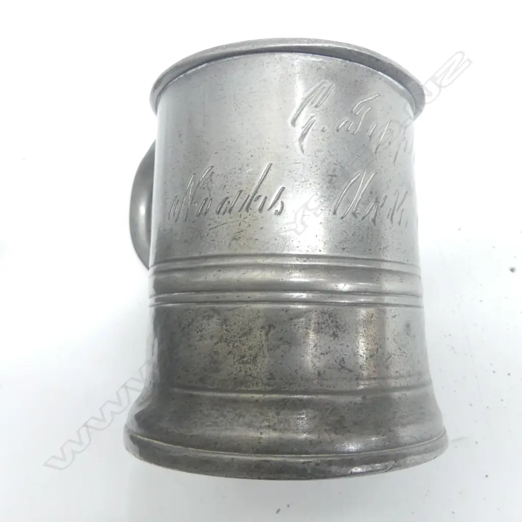 A set of six George IV pewter pint mugs engraved with publican's details: Noah's Ark- Rotherhithe' and with touch marks. Image 1++