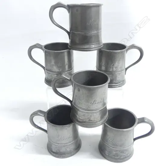 A set of six George IV pewter pint mugs engraved with publican's details: Noah's Ark- Rotherhithe' and with touch marks.