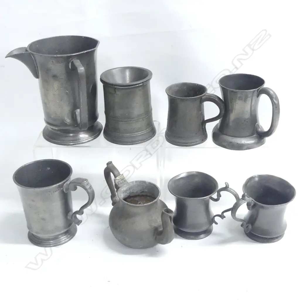 Seven 19thC pewter tankards, the largest fitted with a spout, and small teapot (AF) Image 1++