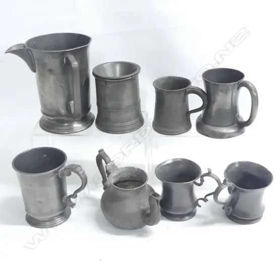 Seven 19thC pewter tankards, the largest fitted with a spout, and small teapot (AF)