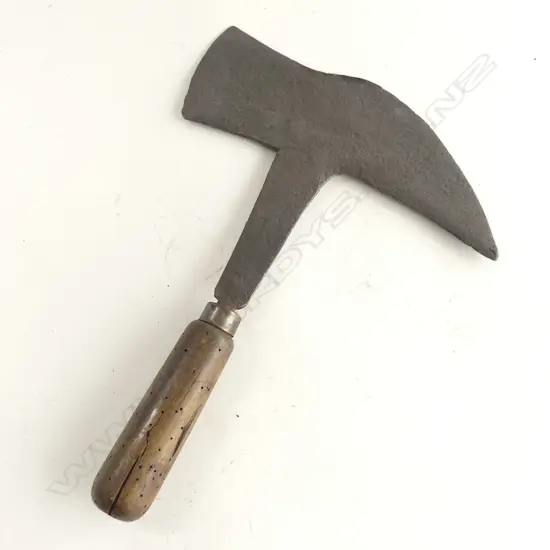 An antique French cast iron and fruitwood poudette, a tool for splitting slate
