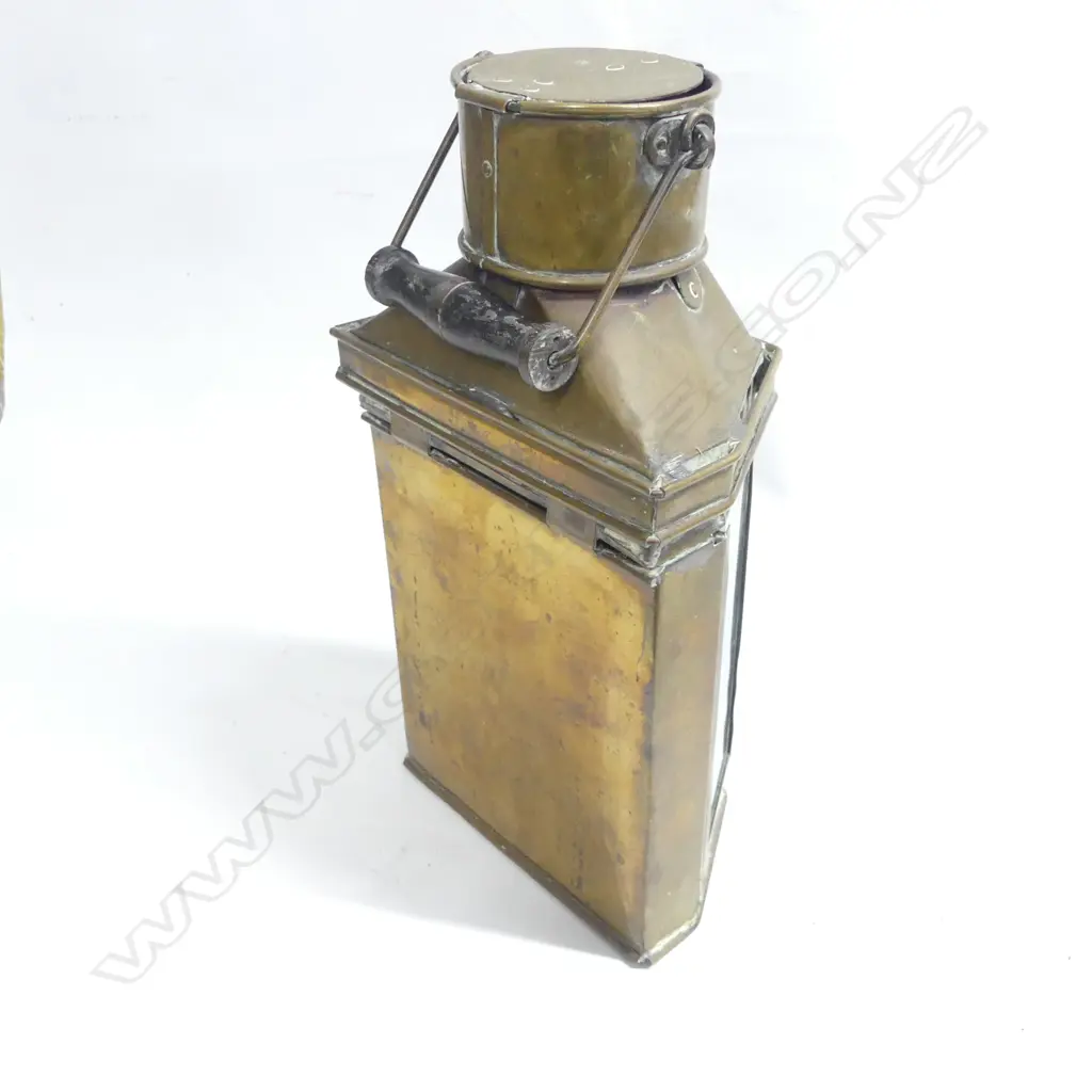 An old brass ship's companionway lamp with turned wood swing handle by Holder & Stroud. Sydney. 1944. H.410mm Image 1++