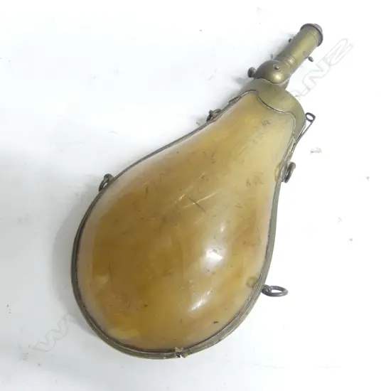 A French Lanthorn Powder Flask early 19thC pear-shaped horn body with rounded front and flattened back,