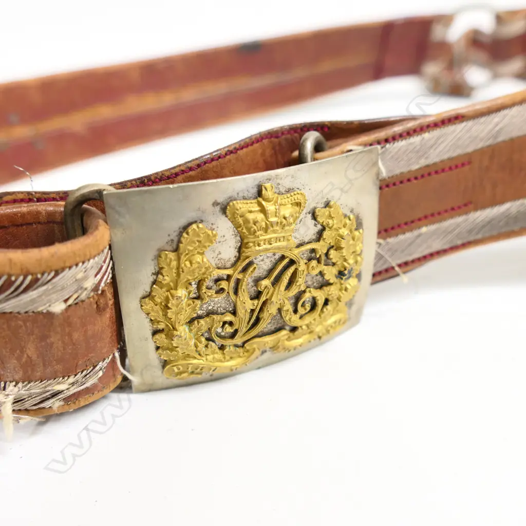 A Victorian Colonial officers sword belt, c.1866, brown leather with bullion trim and VR cypher buckle. Image 1++