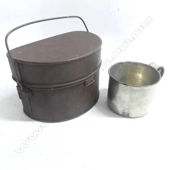 A scarce 1868-74 pattern military mess tin and military type tin cup; the tin complete with swing handle, fitted interior, ring fittings, surface rust but sound condition.