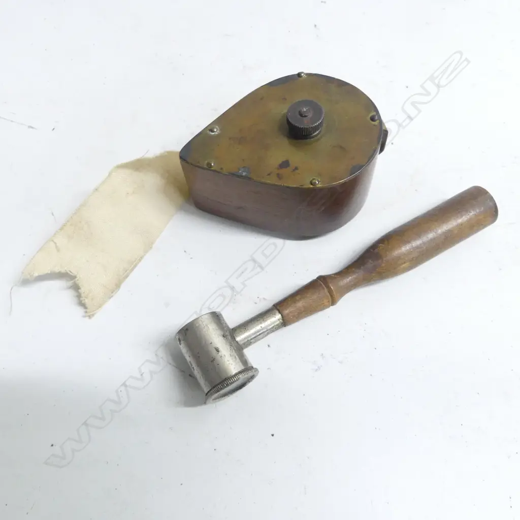 A cloth ribbon dispenser reputedly for patching lead bullets and a powder/shot dipper by BGI Co., Image 1++
