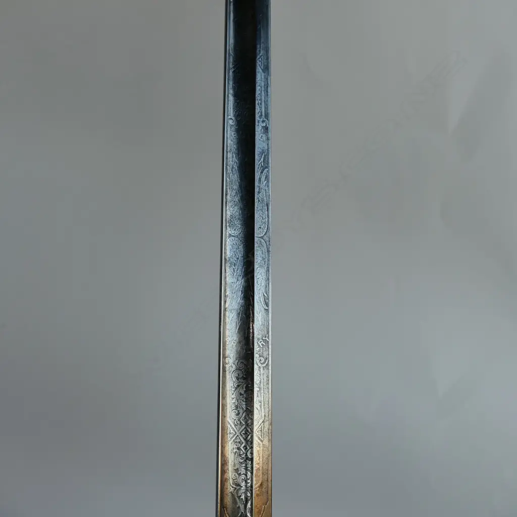 An 1821 pattern Royal Artillery Officer's sword with steel scabbard, the nickel plated 'three bar' hilt with open swept guard and sharkskin wire bound grip. Image 1++