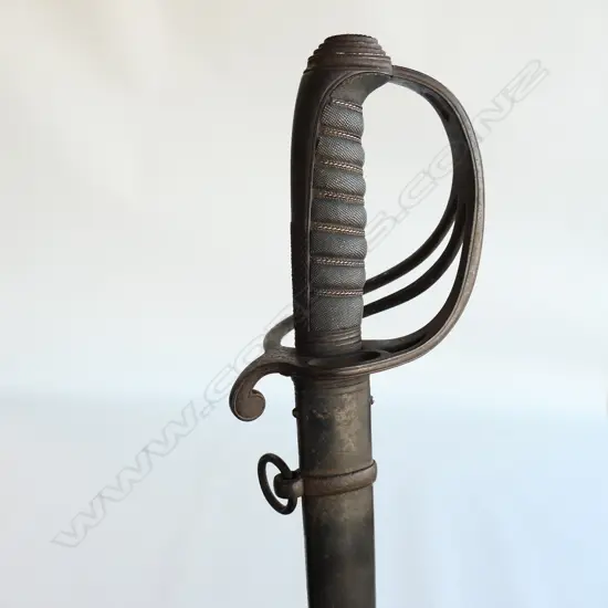 An 1821 Pattern Royal Artillery Officer's sword with steel scabbard, the 'three bar' hilt with open swept guard and sharkskin wire bound grip.