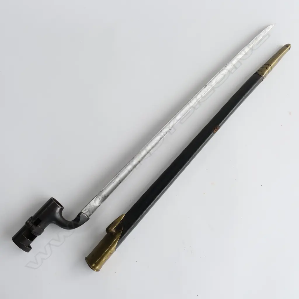 British 1853 Enfield Triangular Socket Bayonet and Scabbard (WD broad arrow and number), brass mounted black leather scabbard. Image 1++