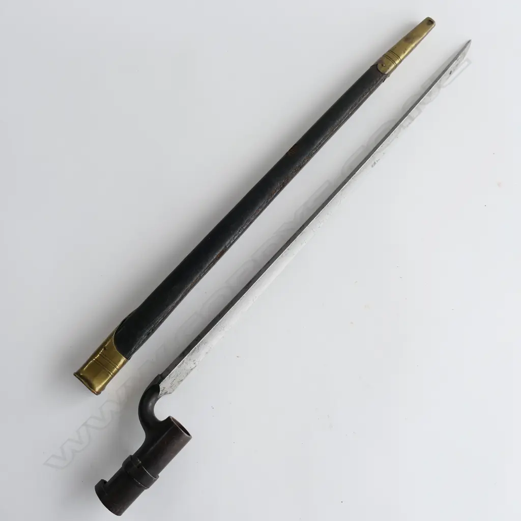 British 1853 Enfield Triangular Socket Bayonet and Scabbard (WD broad arrow and number), brass mounted black leather scabbard. Image 1++