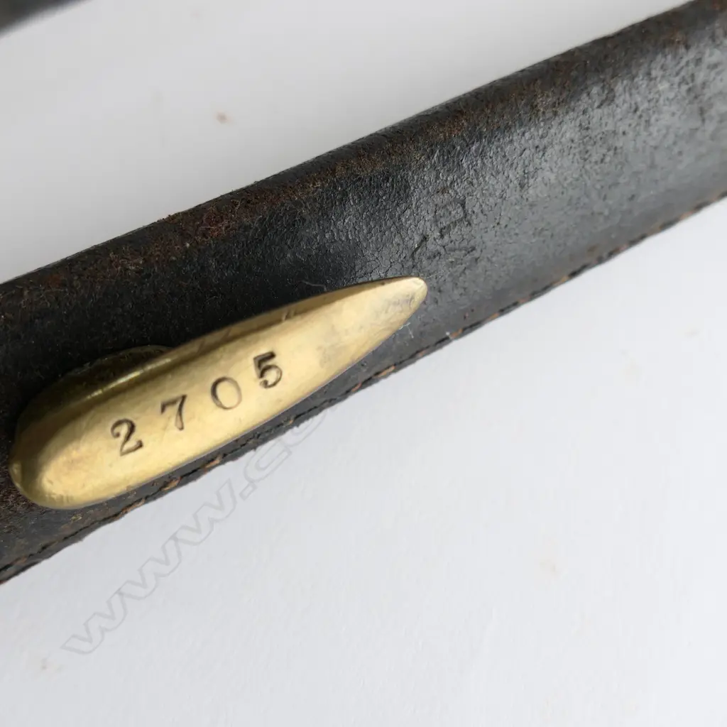 British 1853 Enfield Triangular Socket Bayonet (1605) and Scabbard (WD broad arrow and 2705), brass mounted black leather scabbard. Image 1++