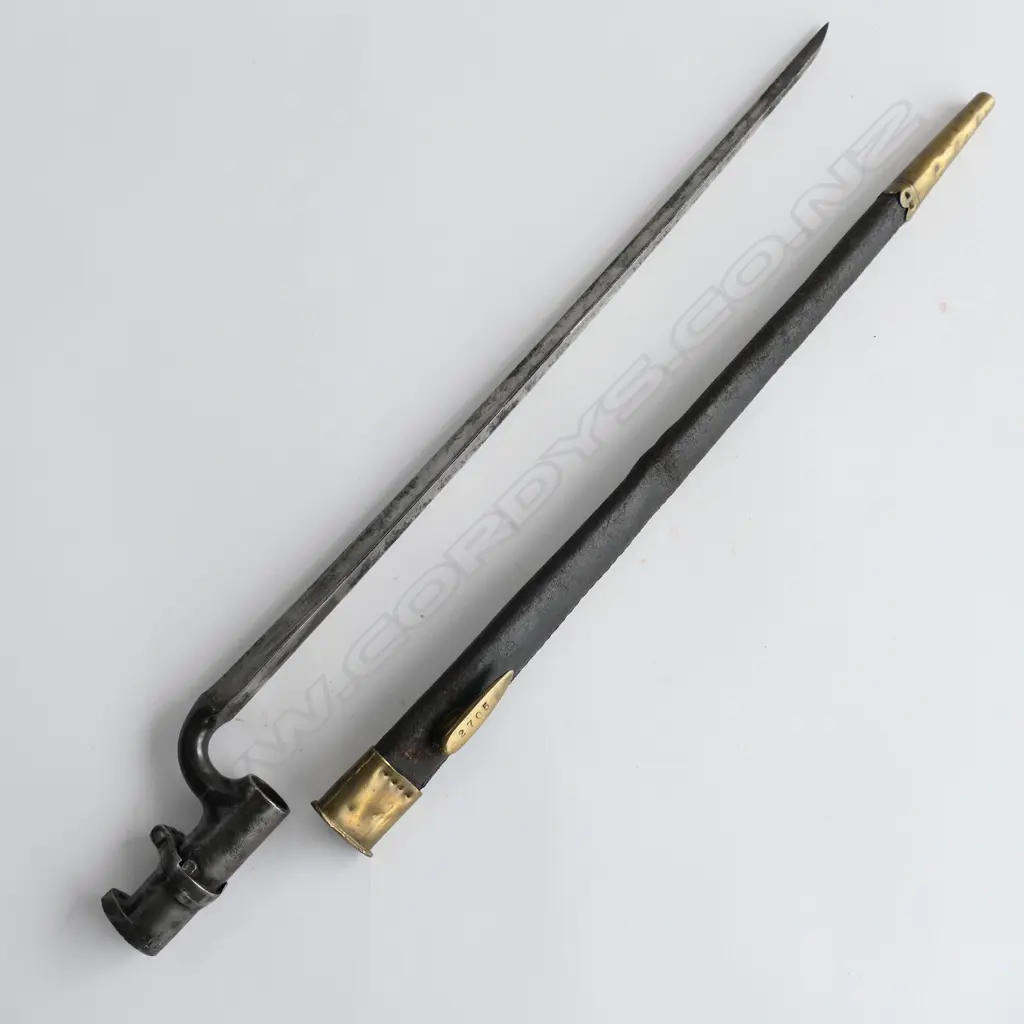 British 1853 Enfield Triangular Socket Bayonet (1605) and Scabbard (WD broad arrow and 2705), brass mounted black leather scabbard. Image 1++