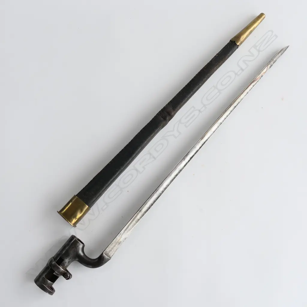 British 1853 Enfield Triangular Socket Bayonet (1605) and Scabbard (WD broad arrow and 2705), brass mounted black leather scabbard. Image 1++