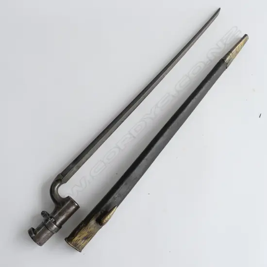 British 1853 Enfield Triangular Socket Bayonet (‘74’) and Scabbard (‘WD broad arrow 1788’), brass mounted black leather scabbard with chape glued.